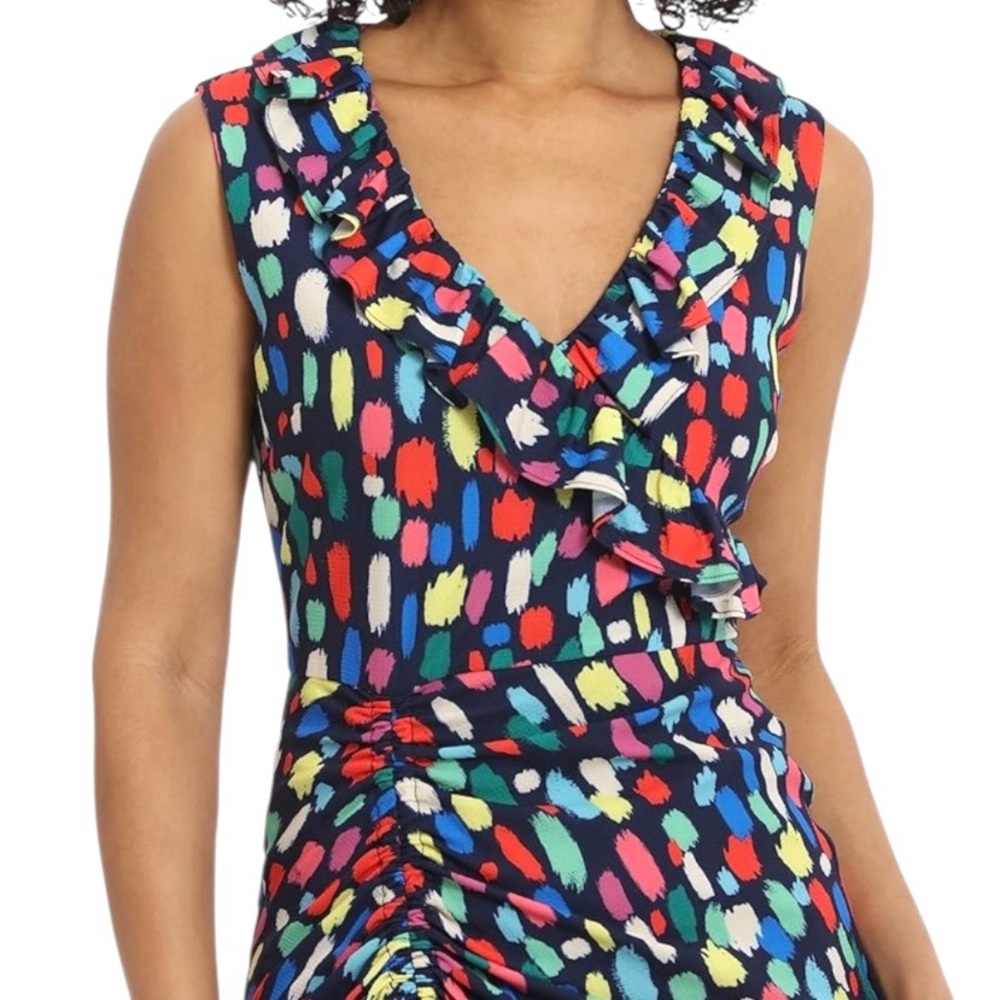 Maggy London Colorful Print Midi Dress 6 Ruched Ruffle V Neck Artsy Cocktail - Picture 2 of 15